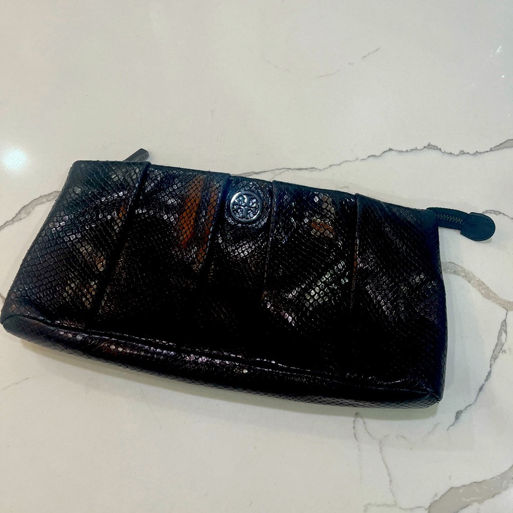 Tory Burch snake skin black clutch
